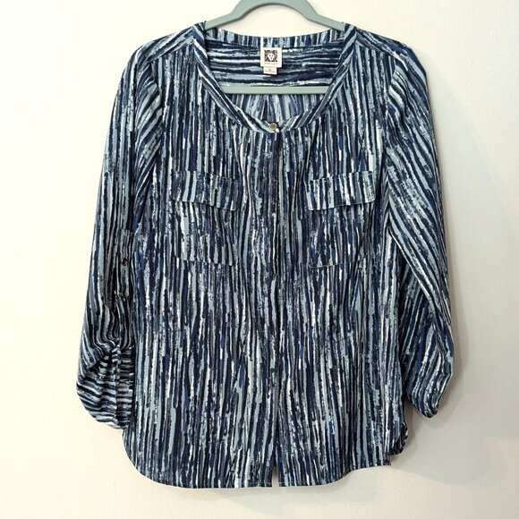 Anne Klein Women's Blue & White Long Roll Tab Sleeve Blouse. Size Medium - Picture 1 of 5